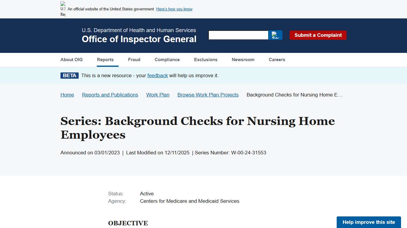 Background Checks for Nursing Home Employees Office of Inspector General Government Oversight U.S. Department of Health and Human Services